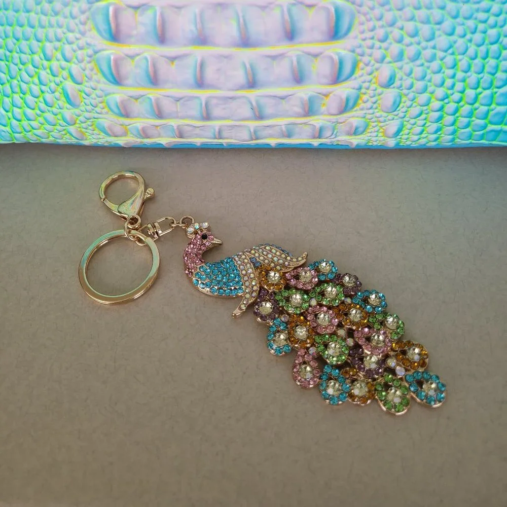 Colorful Peacock Crystal Rhinestone Gold Tone Metal Purse Charm and Key ring